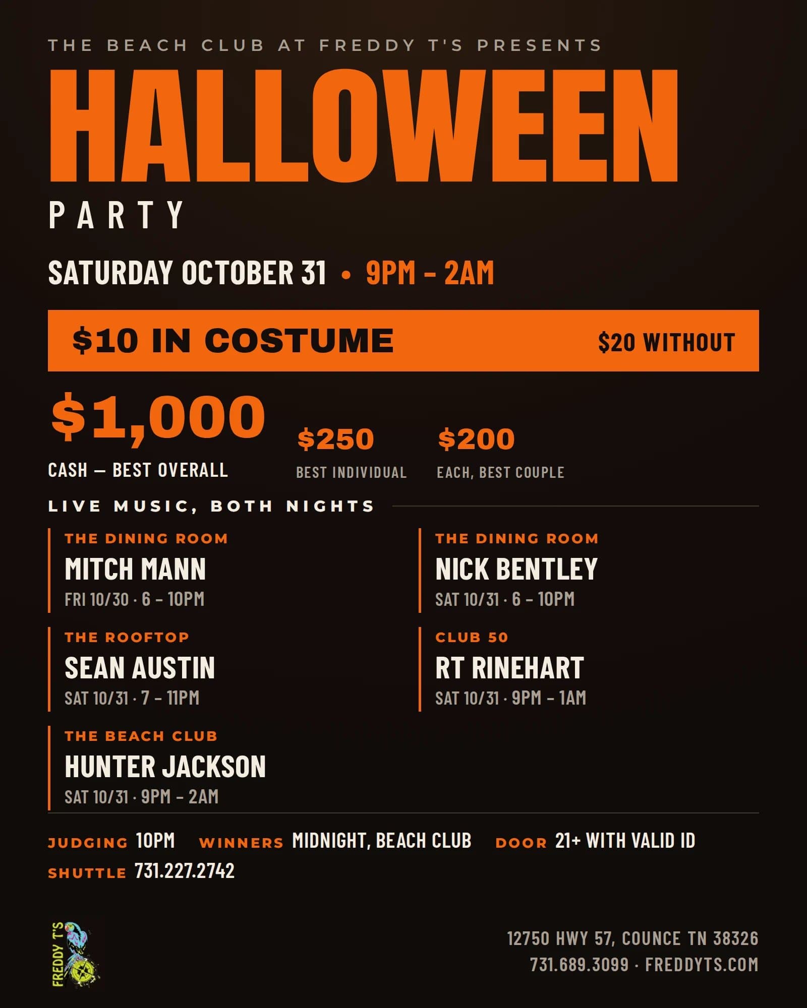 Halloween Party flyer: Saturday October 31, 9pm to 2am at the Beach Club. $10 in costume, $20 without. $1,000 cash for best overall, $250 best individual, $200 each best couple. Live music: Mitch Mann Fri 10/30 and Nick Bentley Sat 10/31 in the Dining Room, Sean Austin on the Rooftop 7 to 11pm, RT R